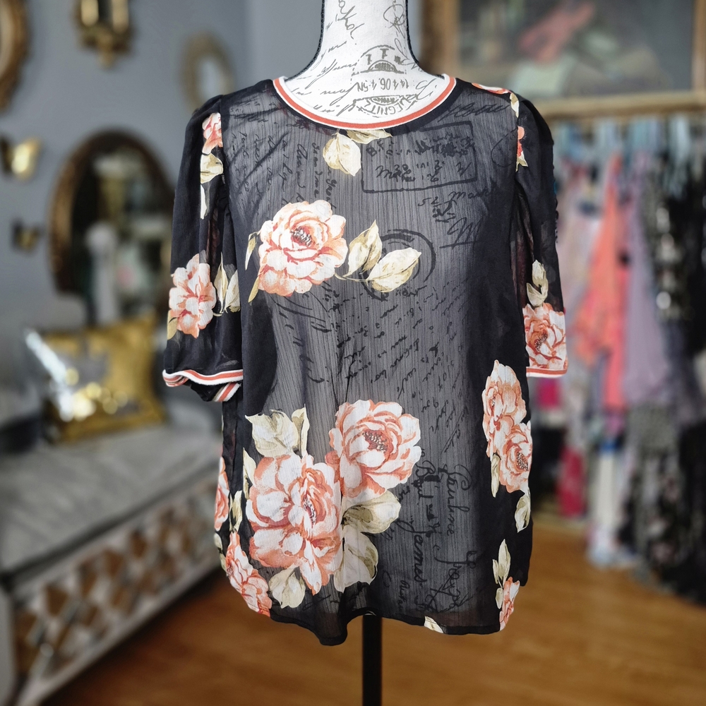 a new day Black Sheer Floral Puff-Sleeve Blouse with Peach Roses Size Small